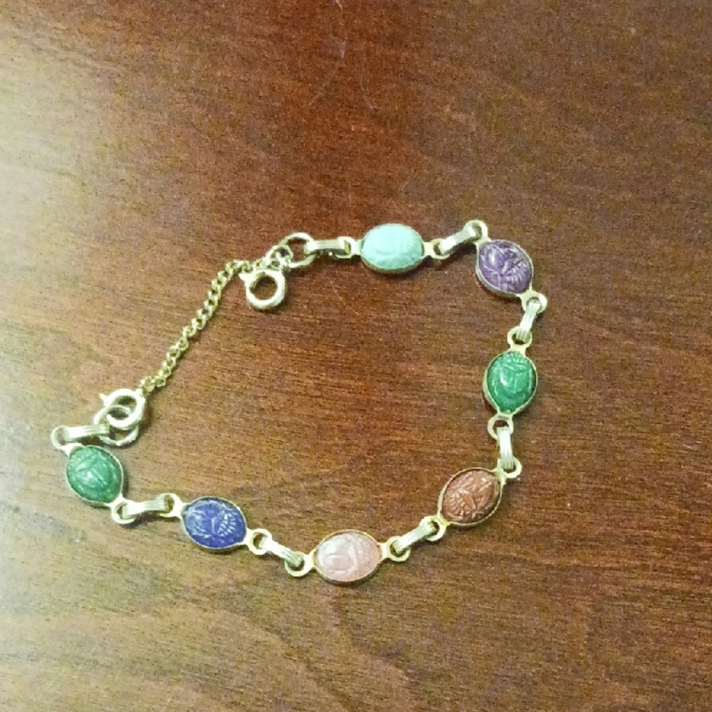 Gold-Tone Multi Gem Scarab Link Bracelet -vintage 1970s - Picture 2 of 5